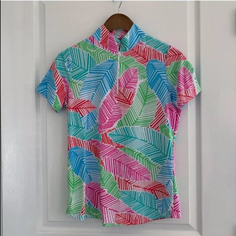 Ladies IBKUL Blue Print Short Sleeve 1/4 zip Golf Shirt XL